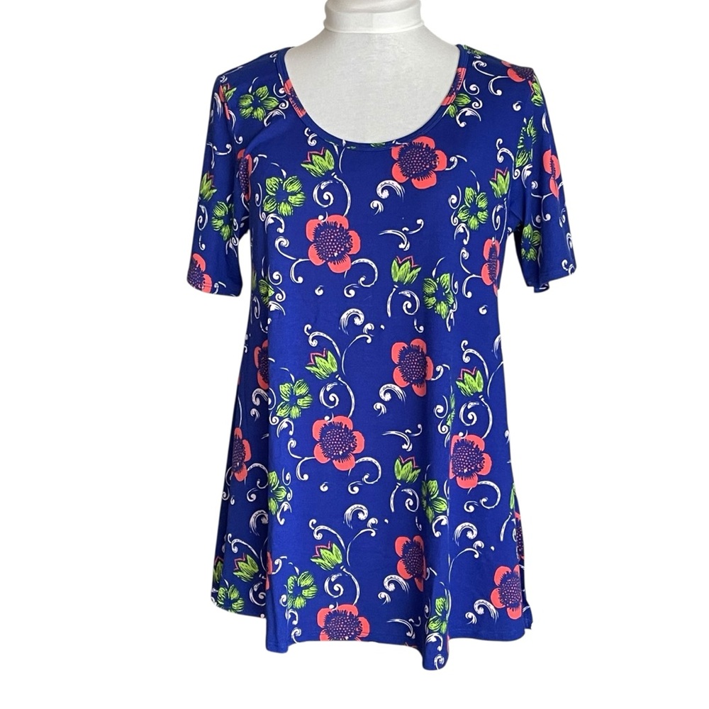 LuLaRoe Perfect T Tunic Top Swing Style Blue Orange Green Floral Small (6-8)